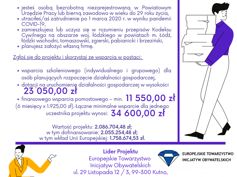 Na zdjęciu plakat projektu unijnego dla przedsiębiorców, na plakacie informacje oraz rysunki postaci kobiety i mężczyzny