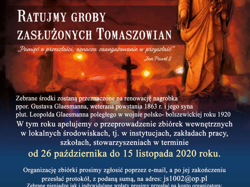 Na zdjęciu plakat informujący o XXIII Kweście Cmentarnej. Na plakacie widać figurę madonny na nagrobku, w tle łuna zniczy i zarys krzyży