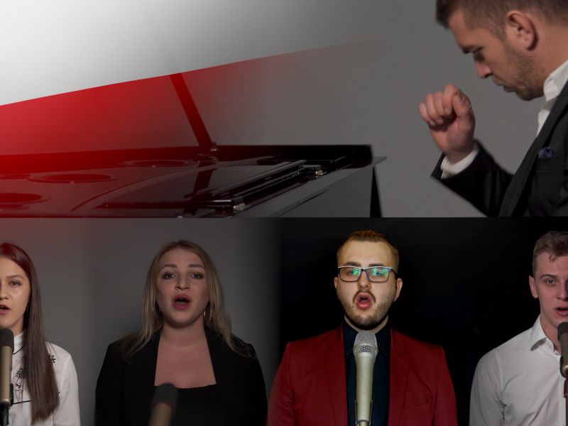 Kadr z filmiku, na górze flaga Polski onok pianista przy forteipanie, na dole 4 kadry z wokalistami