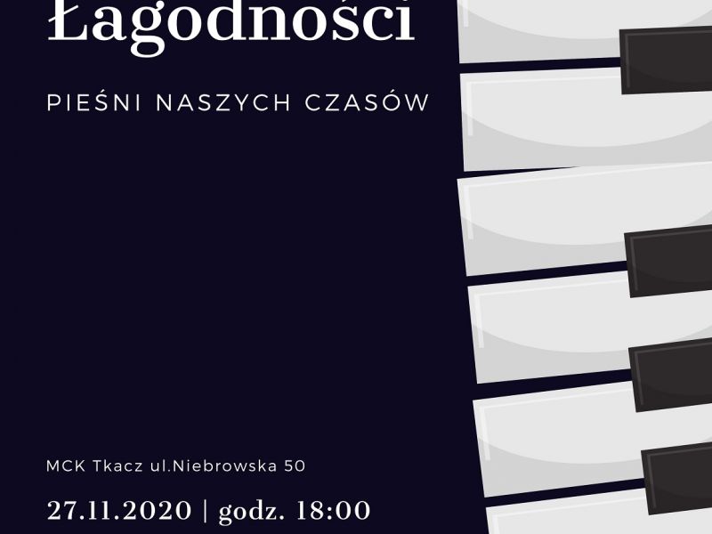 Plakat Tomaszowskiej Krainy Łagodności, na plakacie klawiiatura fortepianu i loga organizatorów